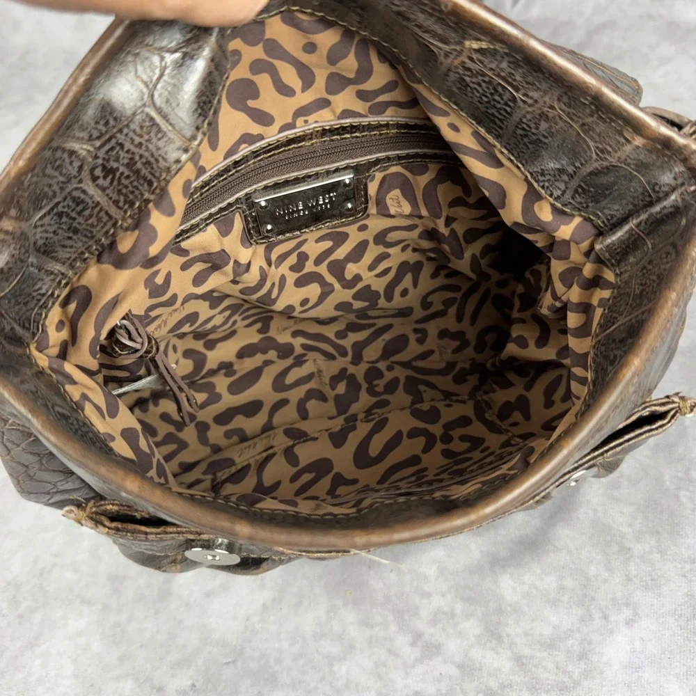 Vtg Y2K Nine West Brown Croc Embossed Faux Leather Purse Crossbody Silver Tonr
